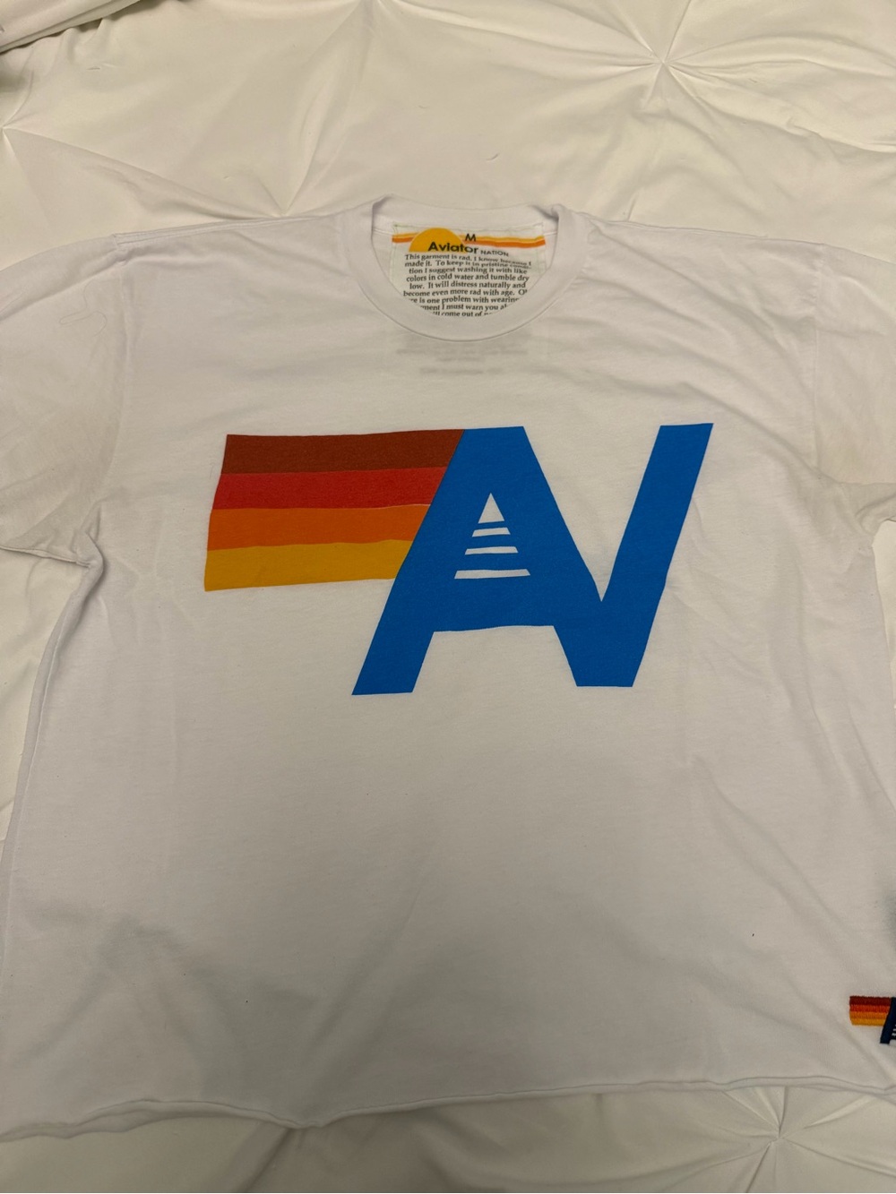 Aviator Nation White Tee with Blue AV Logo and Sunset Stripes